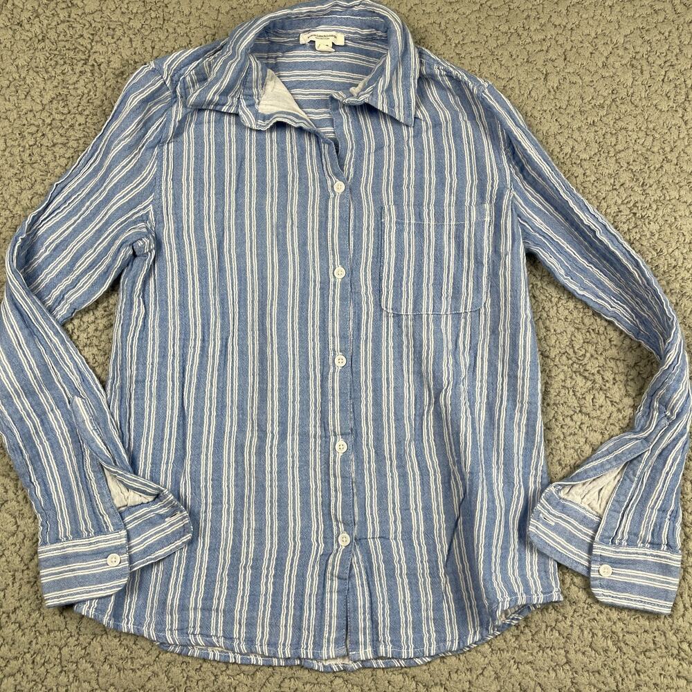 Beach Lunch Lounge XS Blue White Striped Button Up Blouse Shirt Cotton